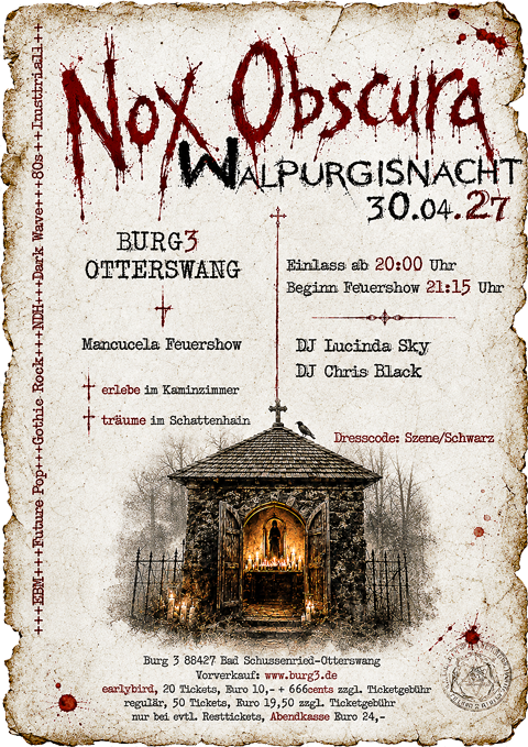 Nox Obscura Plakat zeigt ein verwittertes Papier mit einer Friedhofs-Kapelle und den Daten, KI generiertes Bild